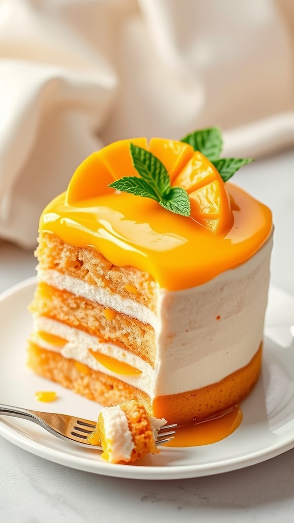 A layered mango mousse cake with fresh mango slices and mint on a white plate.